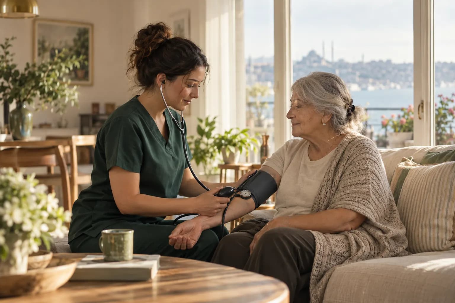 Evde yaşlı bir danışanın tansiyonunu ölçen sağlık profesyoneli