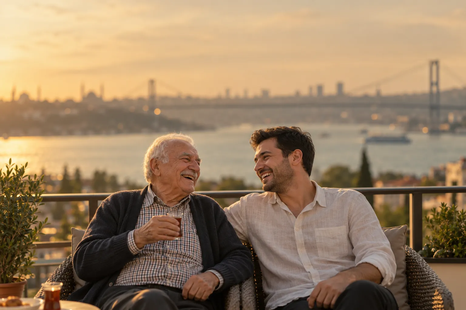 Boğaz manzaralı bir terasta çay içip birlikte gülen yaşlı bir adam ve genç bir adam