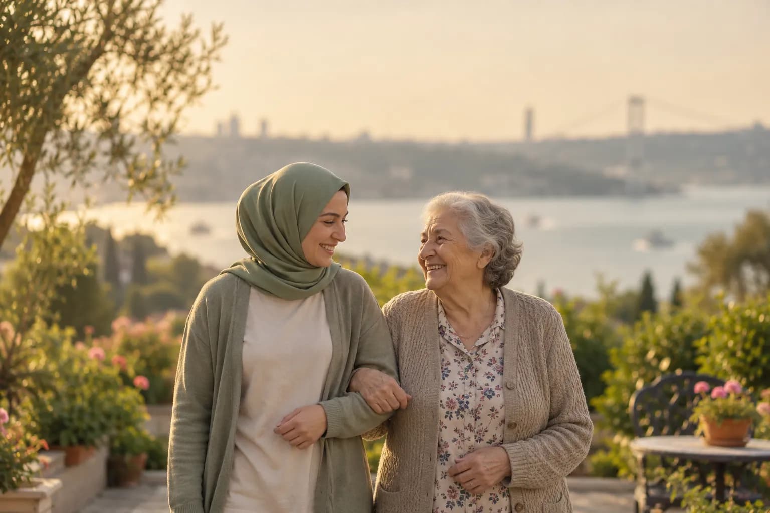 Boğaz manzaralı bir bahçede yaşlı bir kadınla kol kola gülümseyen genç bir kadın