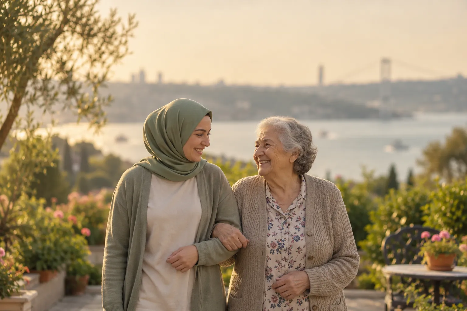 Boğaz manzaralı bir bahçede yaşlı bir kadınla kol kola gülümseyen genç bir kadın